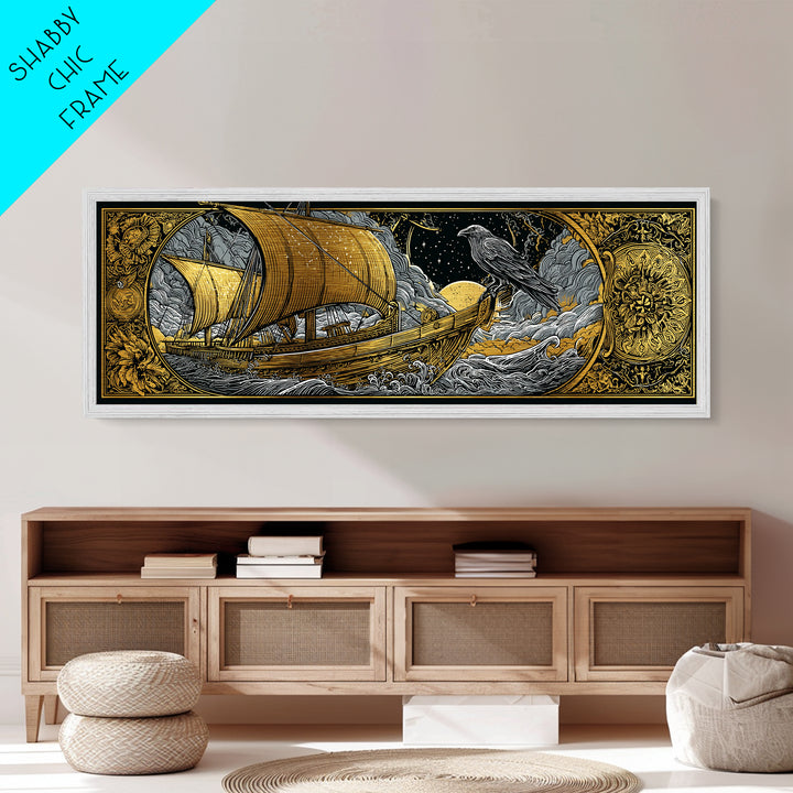 Ancient Sailing Ship, Mythological Vessel With Raven Decorative Wall Artwork, Metallic Gold Metal Print, Real Wood Frame Wall Decor