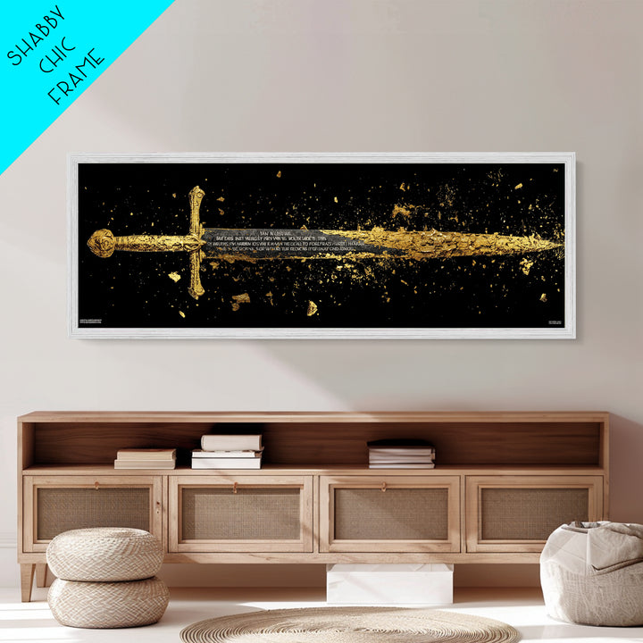 Ancient Sword Shattering, Mythological Weapon Symbolic Battle Decorative Artwork, Metallic Gold Metal Print, Real Wood Frame Wall Art