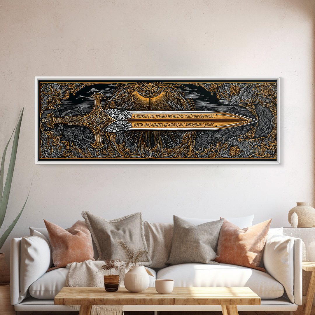 Ornate Mythological Sword, Decorative Ancient Weapon Symbolic Wall Artwork, Gold Canvas Print, Real Wood Frame Wall Decor