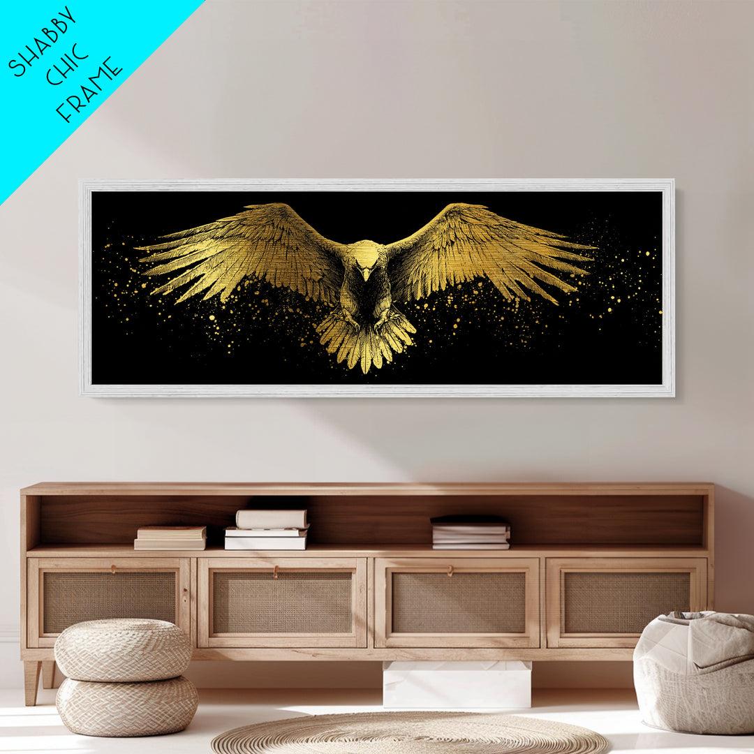 Golden Eagle In Flight, Regal Mythological Bird Wall Decor, Metallic Gold Metal Print, Real Wood Frame Art