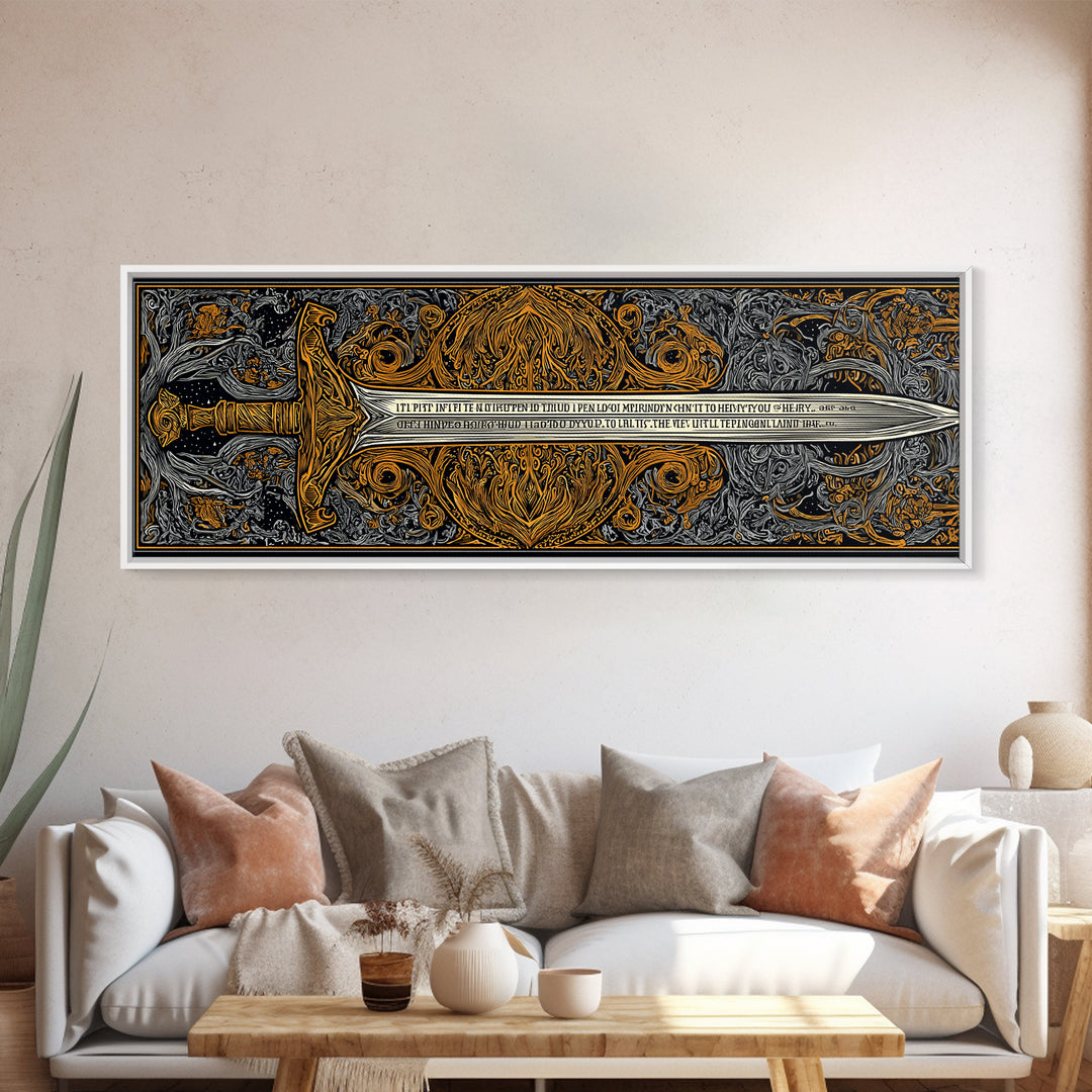 Epic Ancient Sword, Mythological Weapon Of Power Decorative Wall Artwork, Gold Canvas Print, Real Wood Frame Wall Decor
