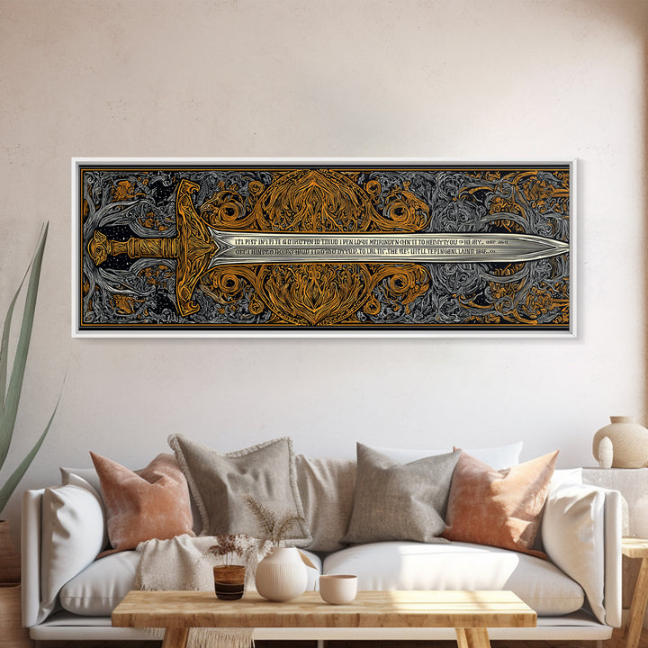 Epic Ancient Sword, Mythological Weapon Of Power Decorative Wall Artwork, Gold Canvas Print, Real Wood Frame Wall Decor
