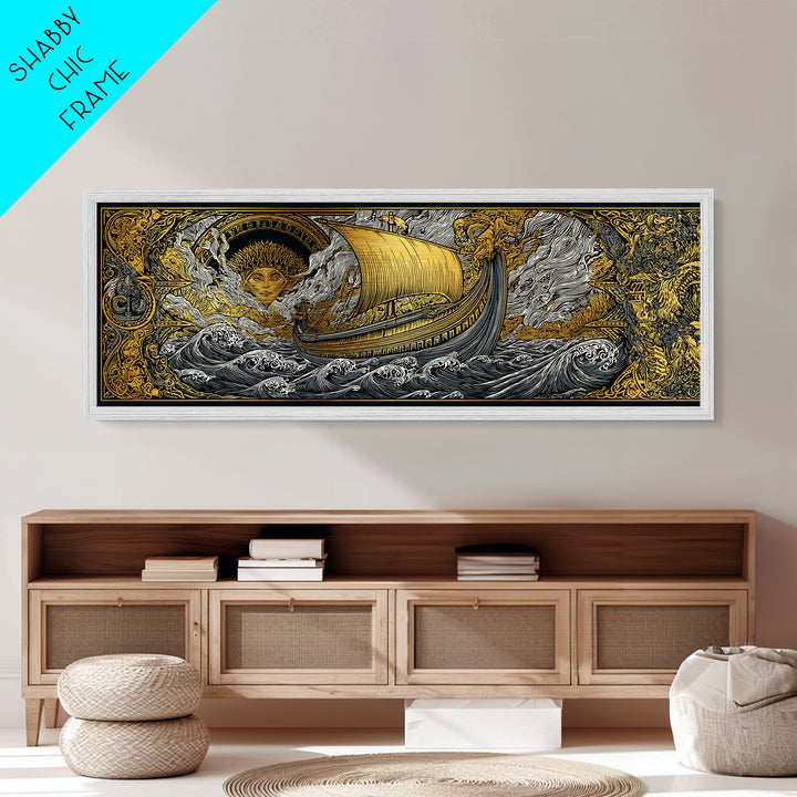 Mythological Sun Face And Ancient Ship, Epic Sea Voyage Decorative Wall Artwork, Metallic Gold Metal Print, Real Wood Frame Decor