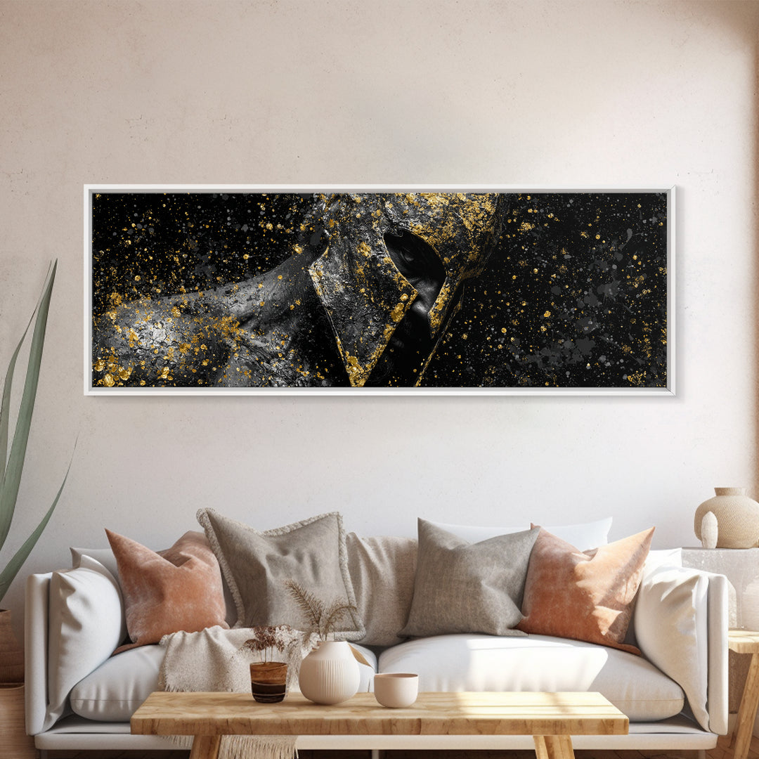 Abstract Spartan Helmet, Mythological Greek Warrior Armor Decorative Wall Artwork, Gold Canvas Print, Real Wood Frame Decor