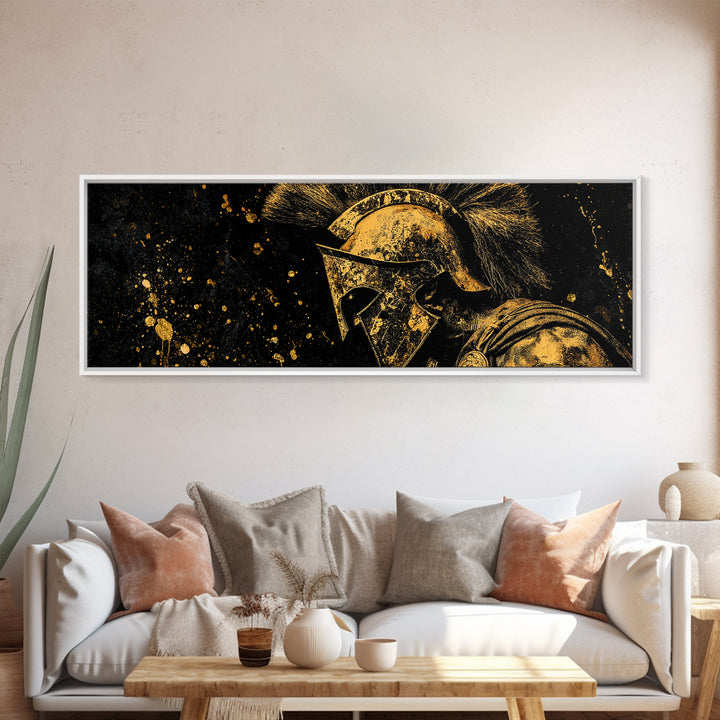 Spartan Helmet Portrait, Ancient Greek Warrior Symbol Of Strength Decorative Artwork, Gold Canvas Print, Real Wood Frame Art