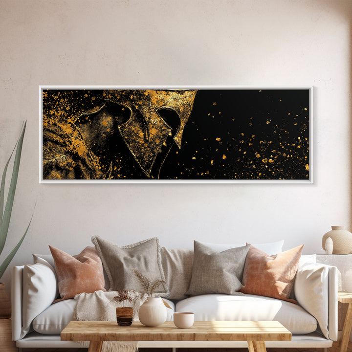 Spartan Warrior Close Up, Mythological Greek Helmet Armor Decorative Wall Artwork, Gold Canvas Print, Real Wood Frame Decor