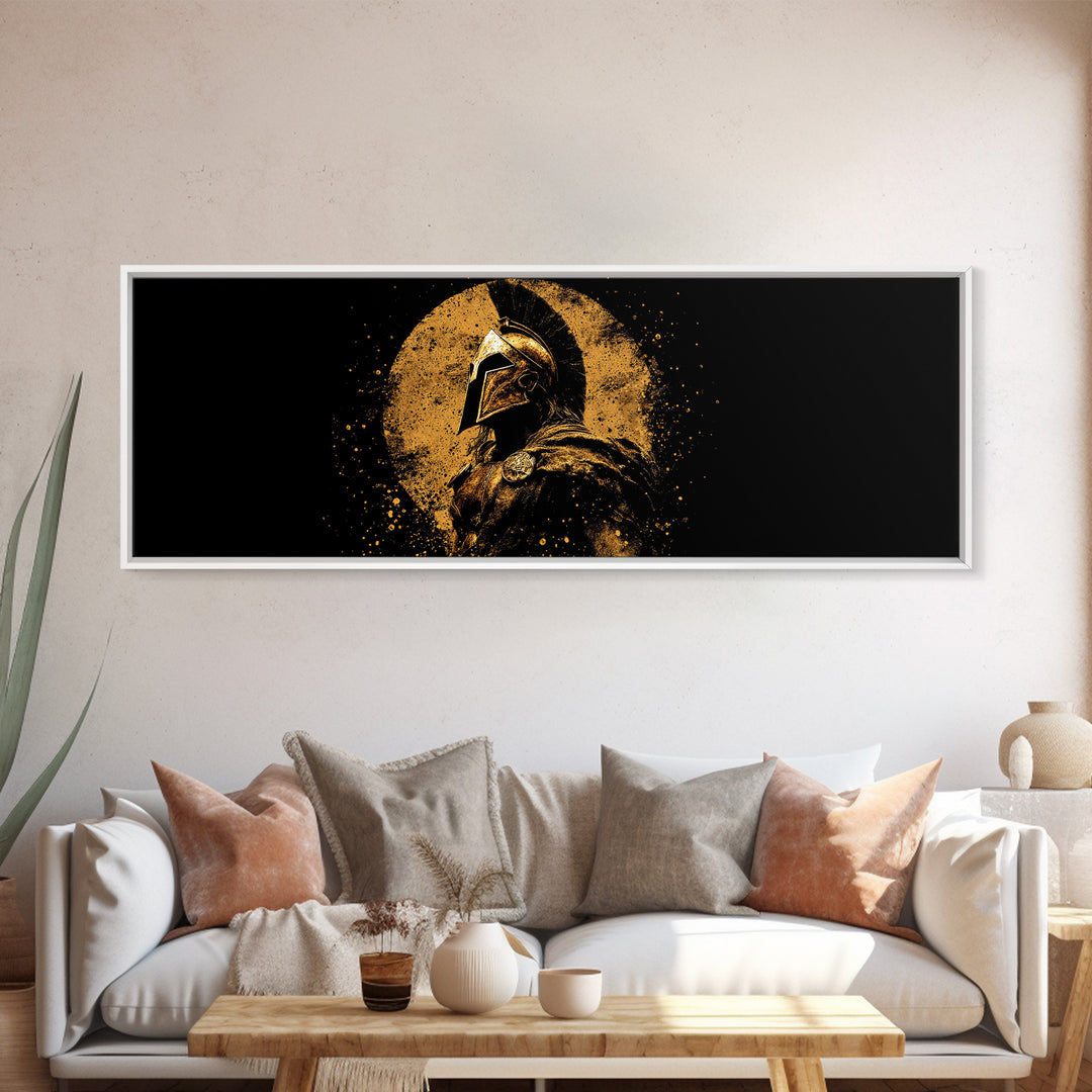 Heroic Spartan Warrior, Ancient Greek Mythological Armor Symbol Decorative Artwork, Gold Canvas Print, Real Wood Frame Wall Art
