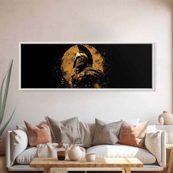 Heroic Spartan Warrior, Ancient Greek Mythological Armor Symbol Decorative Artwork, Gold Canvas Print, Real Wood Frame Wall Art