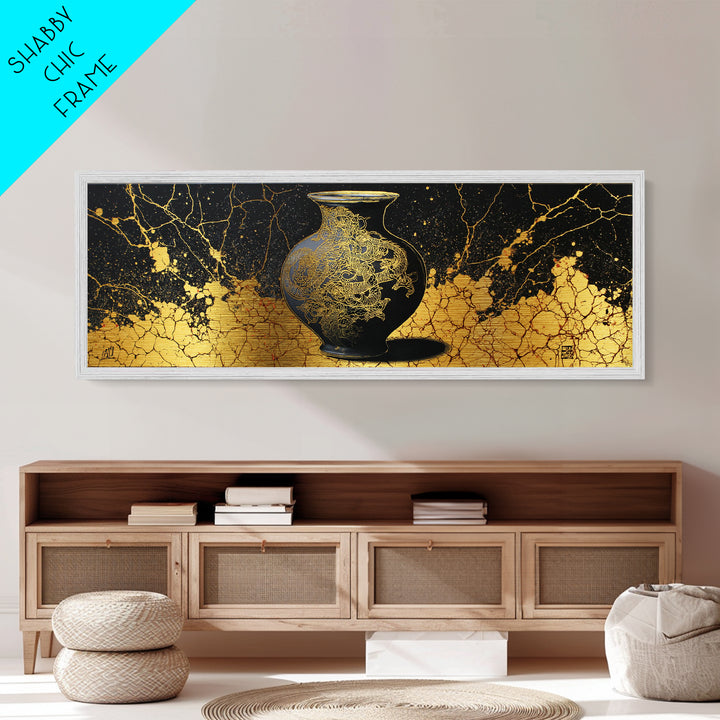 Ancient Golden Vase, Mythical Dragon Engraving Wall Decor, Metallic Gold Metal Print, Real Wood Framed Art