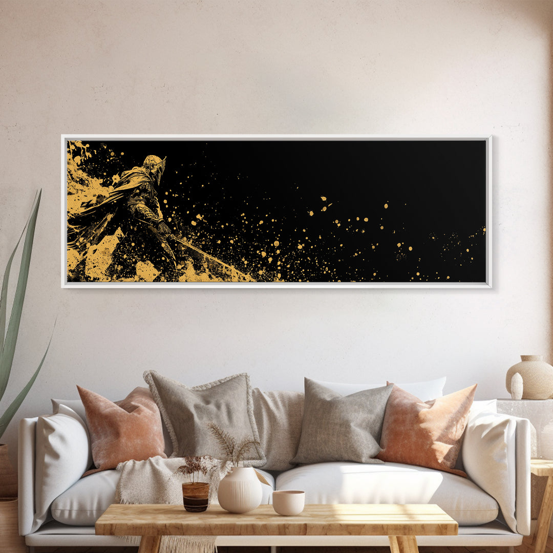 Spartan Warrior Battle Pose, Ancient Greek Hero With Sword Decorative Wall Artwork, Gold Canvas Print, Real Wood Frame Decor