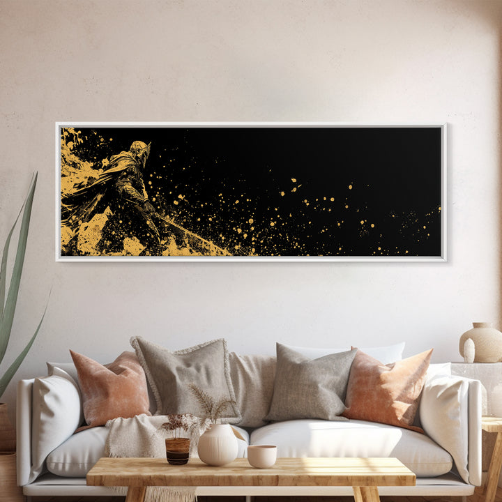 Spartan Warrior Battle Pose, Ancient Greek Hero With Sword Decorative Wall Artwork, Gold Canvas Print, Real Wood Frame Decor