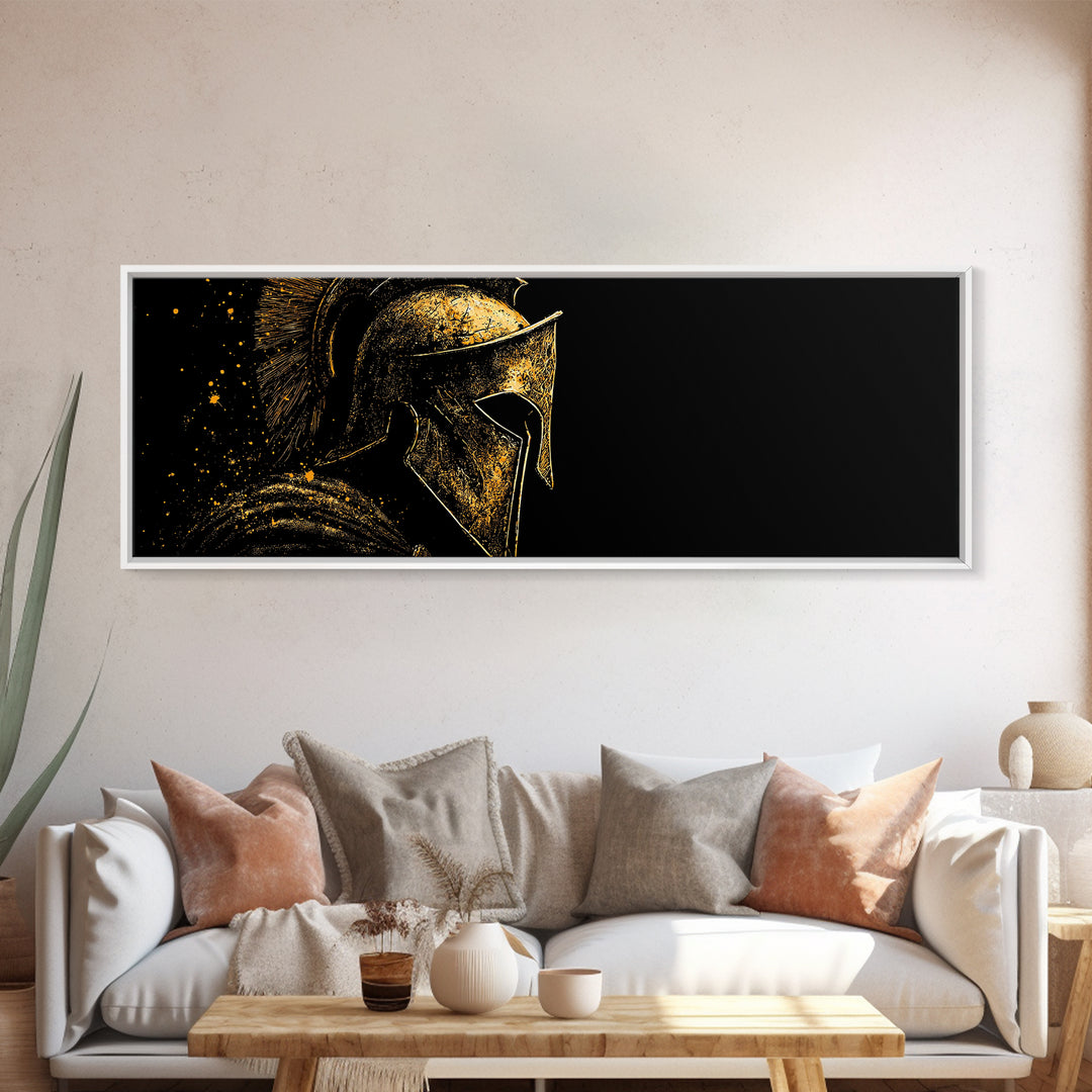 Spartan Helmet Profile, Ancient Greek Mythological Warrior Armor Decorative Artwork, Gold Canvas Print, Real Wood Frame Wall Art