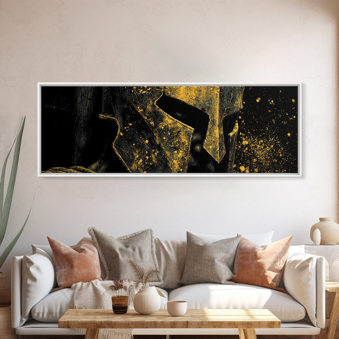 Spartan Warrior Close Up, Ancient Greek Helmet Portrait Decorative Wall Artwork, Gold Canvas Print, Real Wood Frame Decor