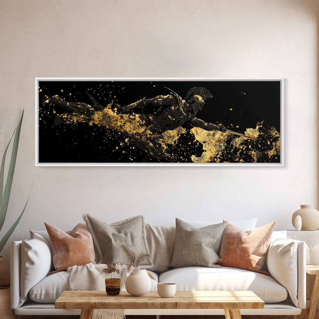 Spartan Warrior Leaping, Ancient Greek Heroic Battle Scene Decorative Wall Artwork, Gold Canvas Print, Real Wood Frame Decor