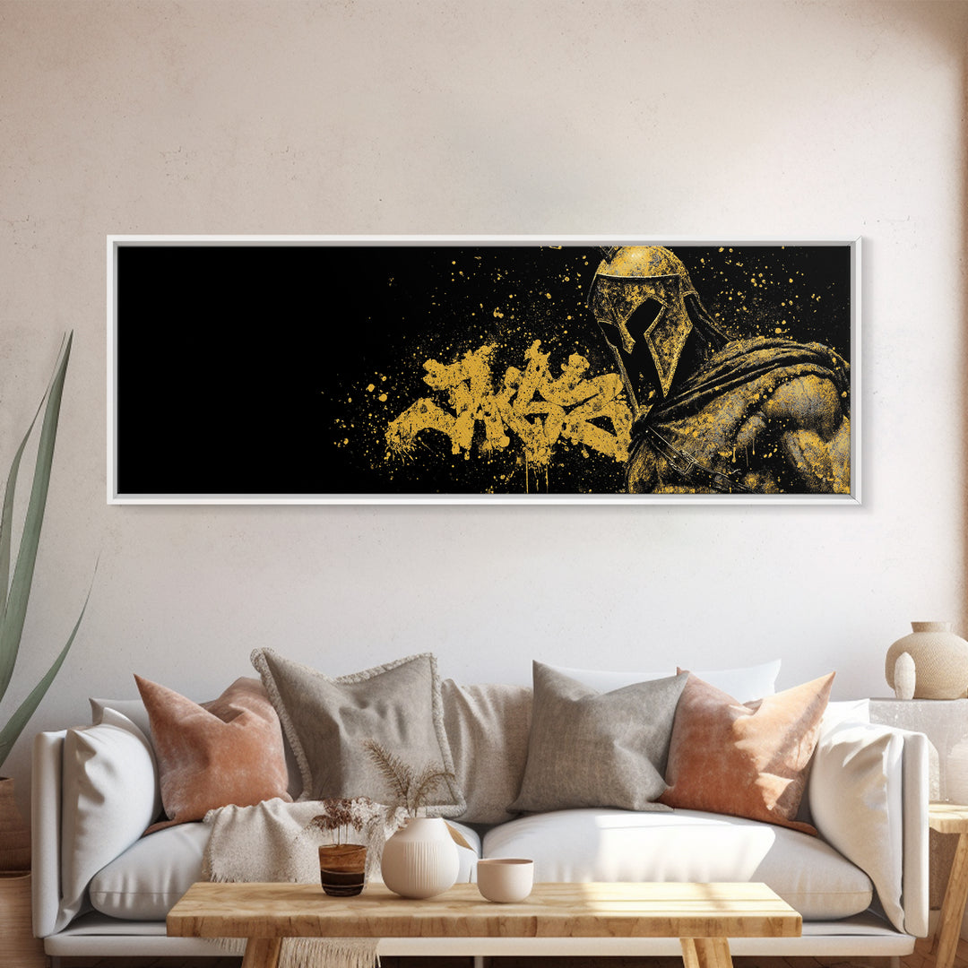 Greek Warrior Portrait, Ancient Spartan Helmet With Symbolic Cloak Artwork, Gold Canvas Print, Real Wood Frame Wall Decor