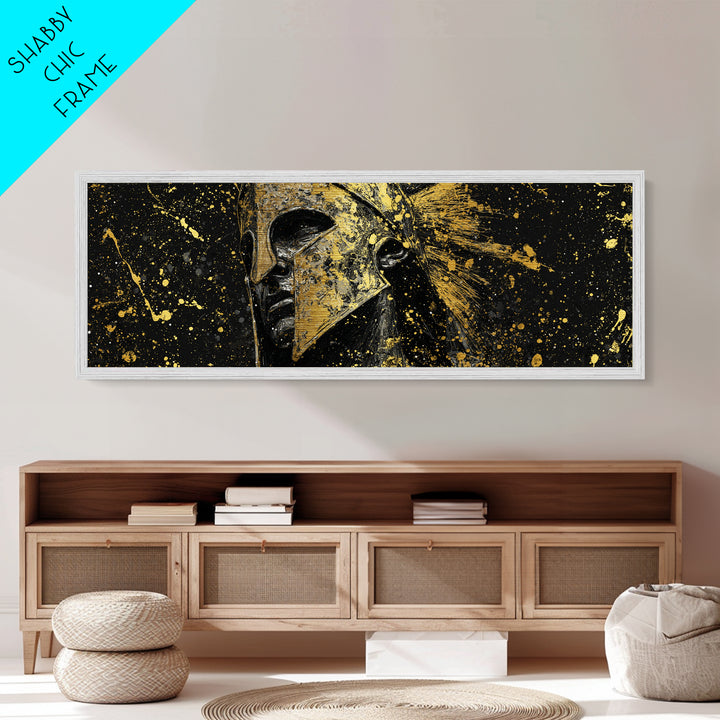Spartan Helmet And Graffiti, Mythological Greek Warrior Decorative Wall Artwork, Metallic Gold Metal Print, Real Wood Frame Wall Art