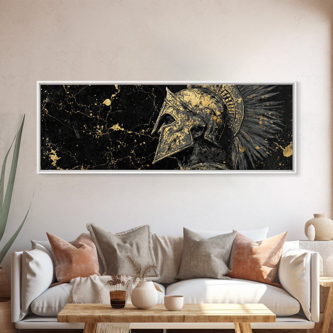 Greek Helmet Portrait, Ancient Spartan Mythological Warrior Decorative Artwork, Gold Canvas Print, Real Wood Frame Wall Decor