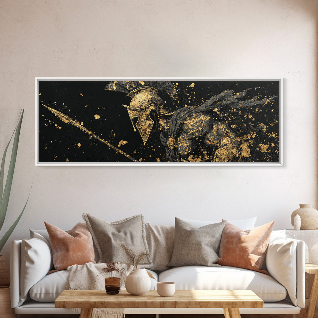 Spartan Helmet Detailed Profile, Ancient Greek Warrior Decorative Wall Artwork, Gold Canvas Print, Real Wood Frame Wall Decor