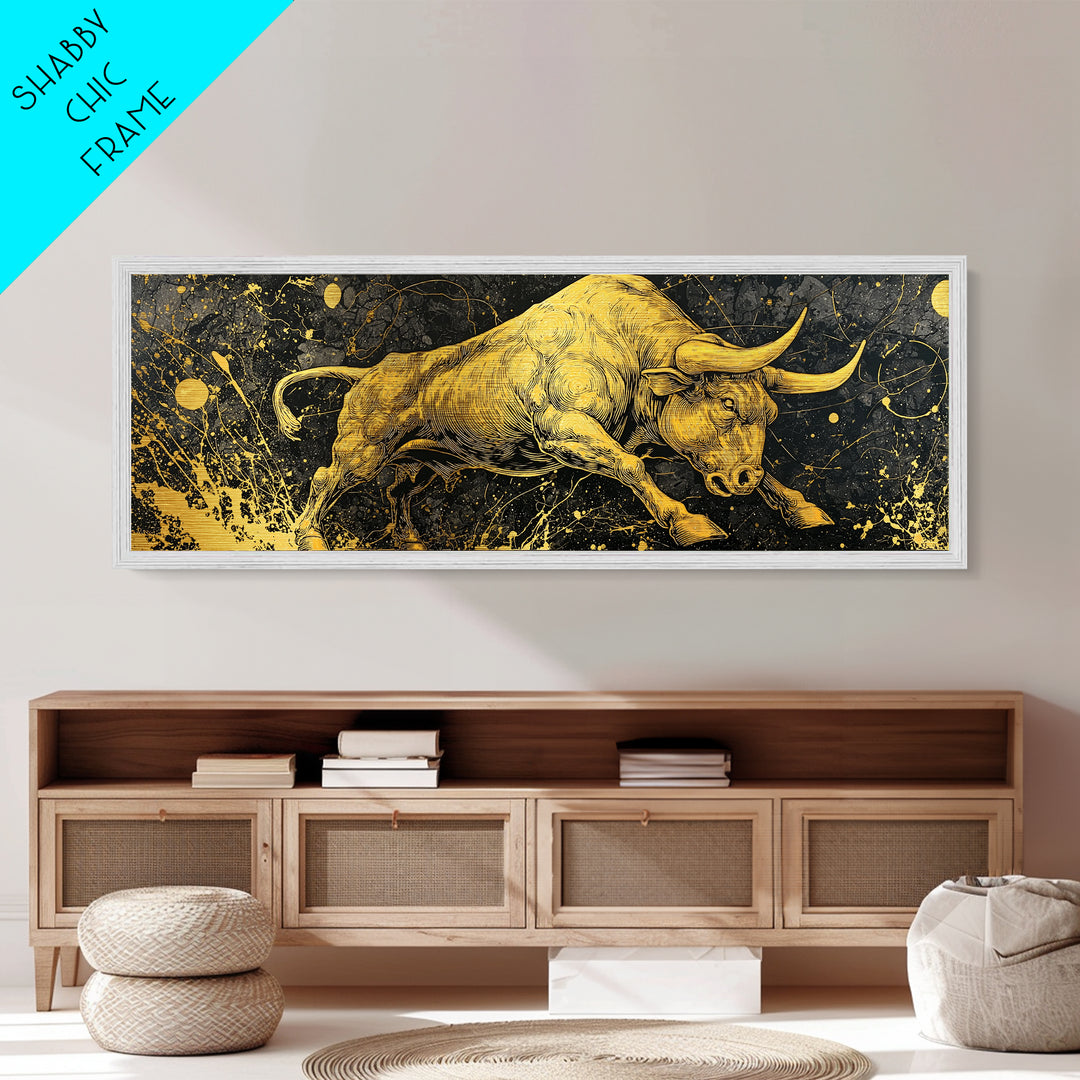 Charging Bull Artwork, Mythical Strength And Power Wall Decor, Metallic Gold Metal Print, Real Wood Frame Art