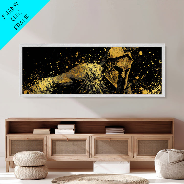 Greek Warrior With Spear, Ancient Spartan Battle Scene Decorative Wall Artwork, Metallic Gold Metal Print, Real Wood Frame Wall Art