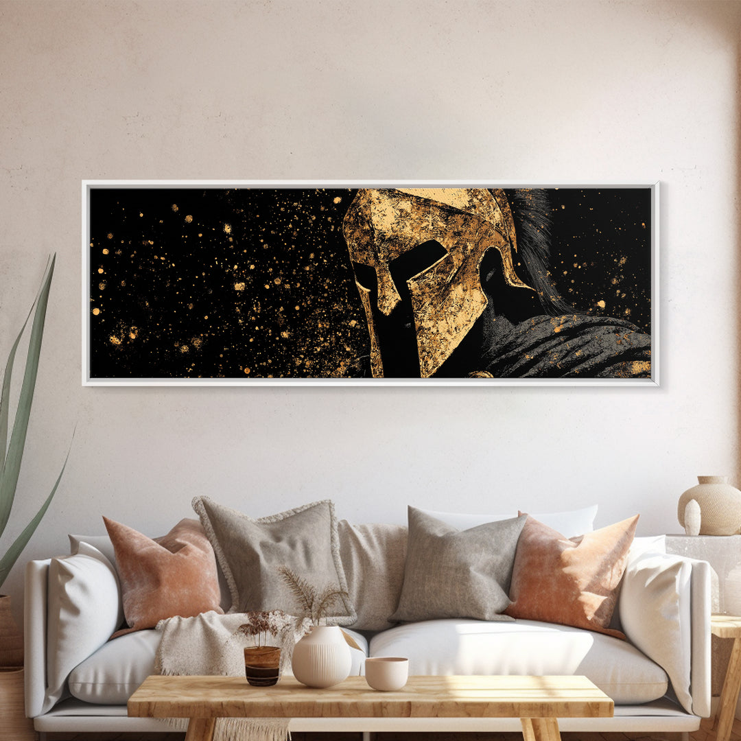 Spartan Warrior In Battle, Ancient Greek Hero Decorative Wall Artwork, Gold Canvas Print, Real Wood Frame Wall Decor