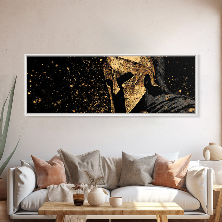Spartan Warrior In Battle, Ancient Greek Hero Decorative Wall Artwork, Gold Canvas Print, Real Wood Frame Wall Decor