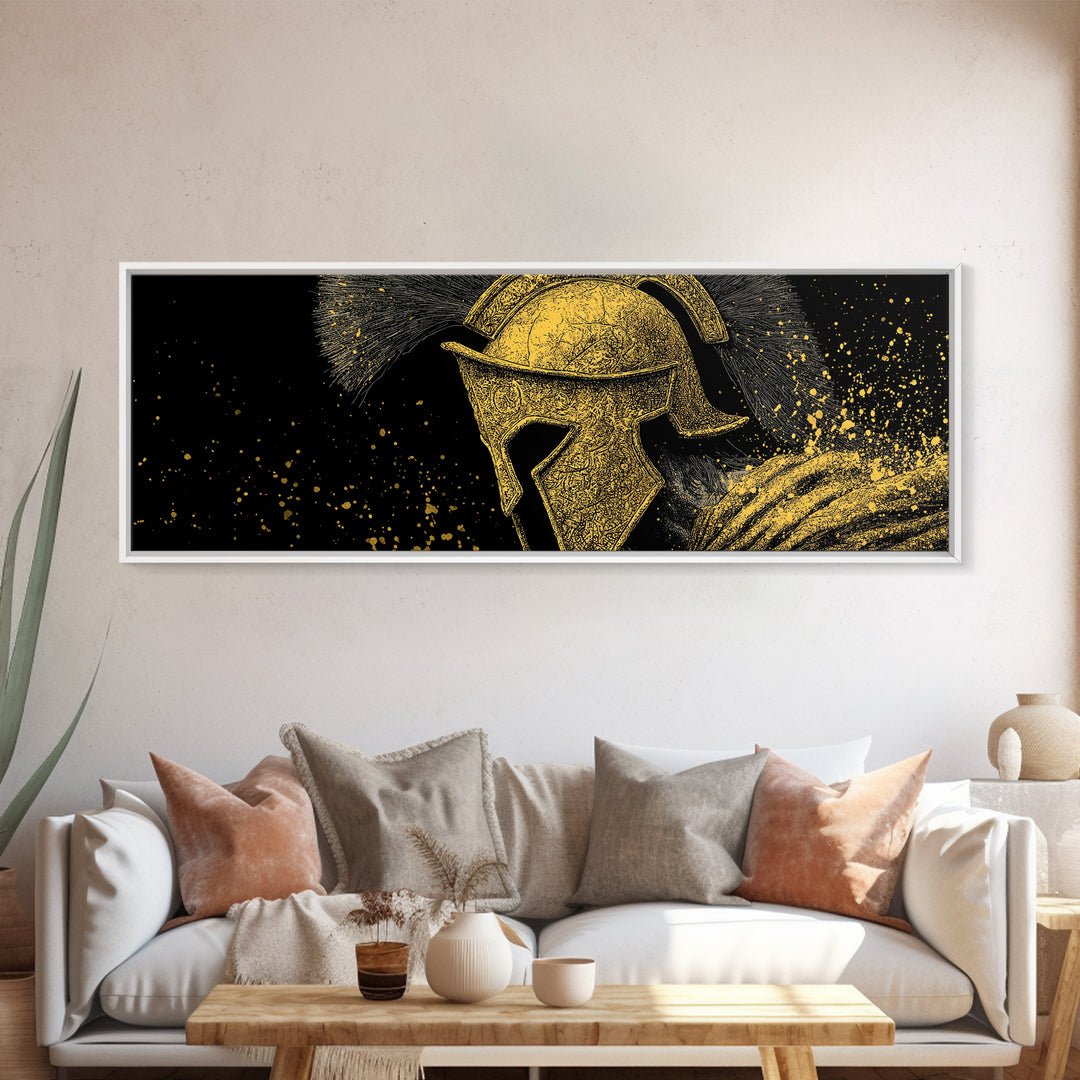 Spartan Helmet Portrait, Ancient Greek Warrior Symbolic Decorative Artwork, Gold Canvas Print, Real Wood Frame Wall Decor