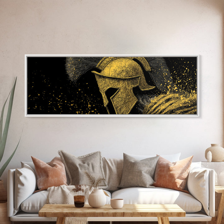 Spartan Helmet Portrait, Ancient Greek Warrior Symbolic Decorative Artwork, Gold Canvas Print, Real Wood Frame Wall Decor