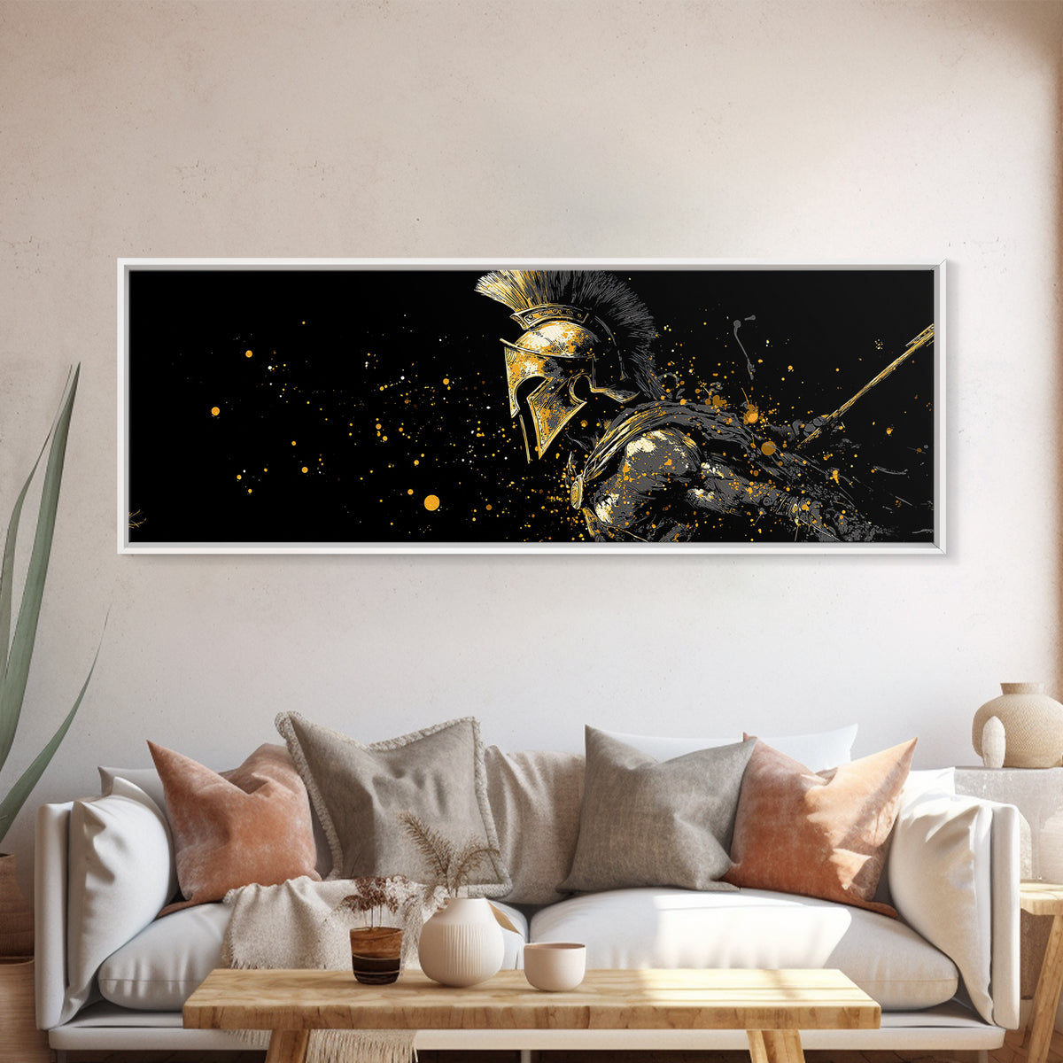 Greek Warrior In Battle Stance, Mythological Spartan Hero Decorative Artwork, Gold Canvas Print, Real Wood Frame Wall Art