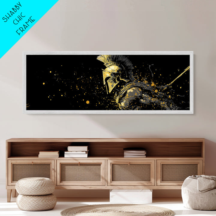 Greek Warrior In Battle Stance, Mythological Spartan Hero Decorative Artwork, Metallic Gold Metal Print, Real Wood Frame Wall Art