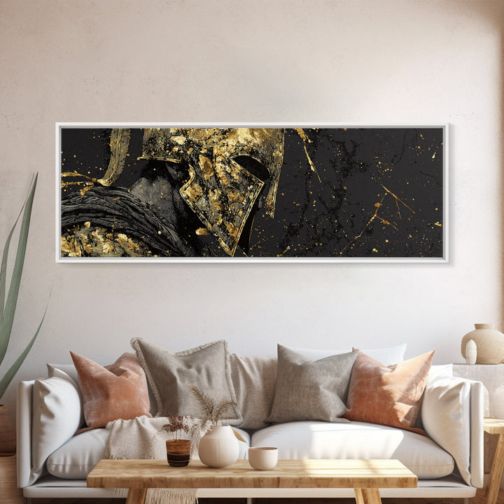 Greek Warrior Close Up, Spartan Mythological Armor Decorative Wall Artwork, Gold Canvas Print, Real Wood Frame Wall Decor