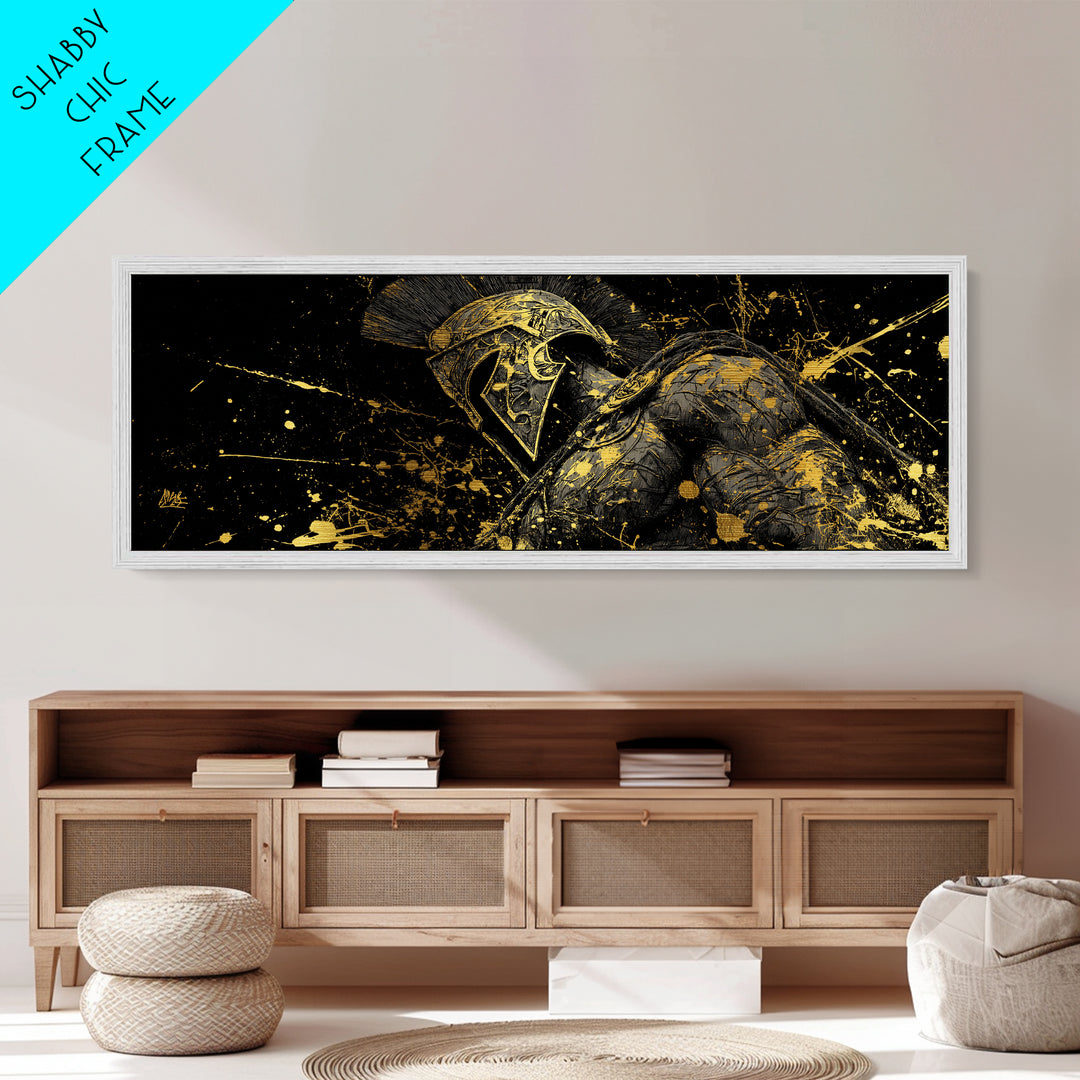 Detailed Spartan Helmet, Ancient Greek Mythological Warrior Decorative Artwork, Metallic Gold Metal Print, Real Wood Frame Wall Art