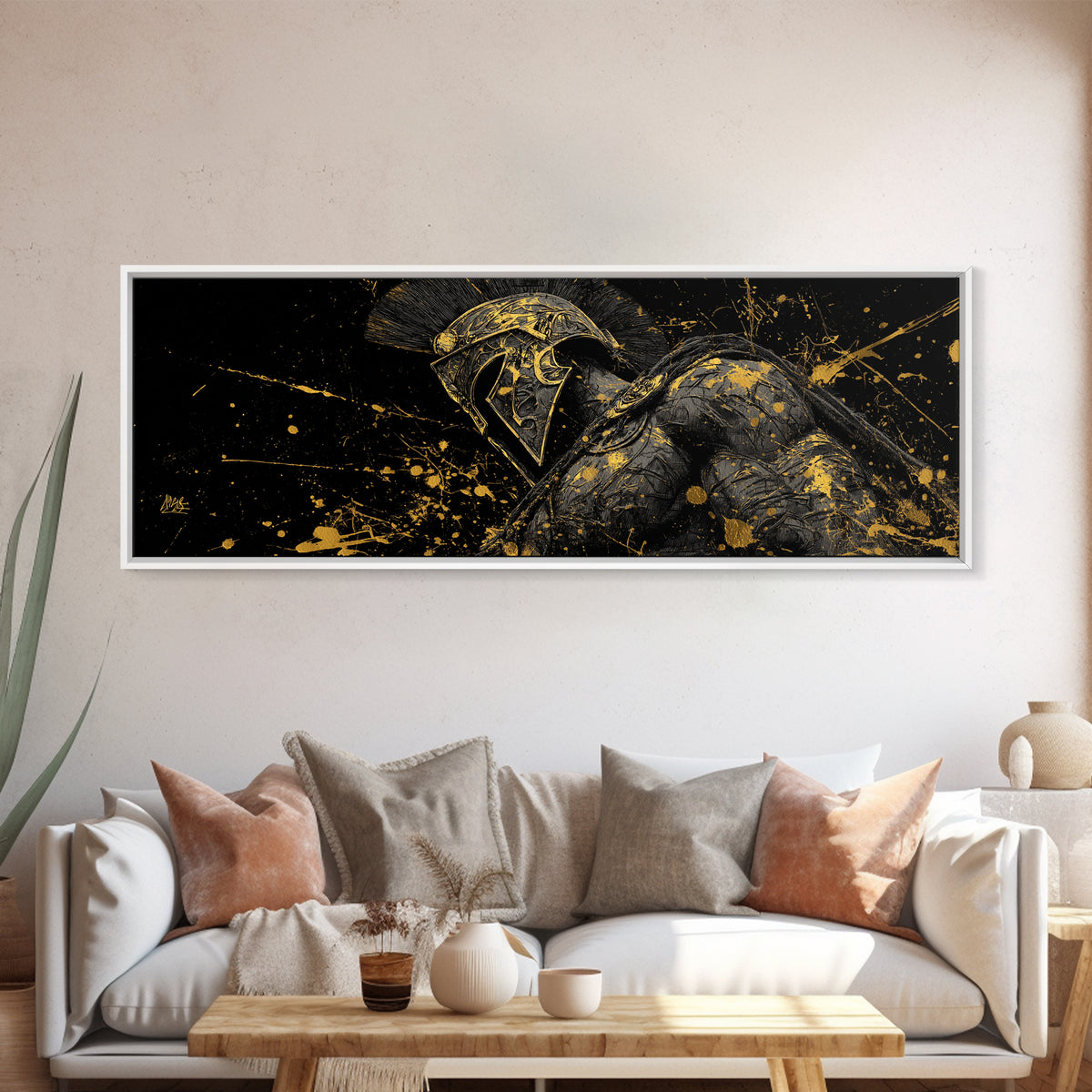 Detailed Spartan Helmet, Ancient Greek Mythological Warrior Decorative Artwork, Gold Canvas Print, Real Wood Frame Wall Art