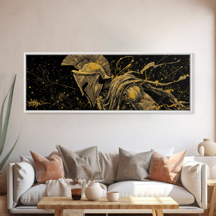 Greek Warrior Battle Pose, Ancient Spartan Hero Decorative Wall Artwork, Gold Canvas Print, Real Wood Frame Wall Decor