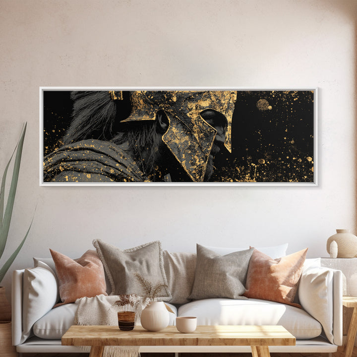 Spartan Helmet Warrior, Ancient Greek Mythological Armor Symbol Artwork, Gold Canvas Print, Real Wood Frame Wall Decor