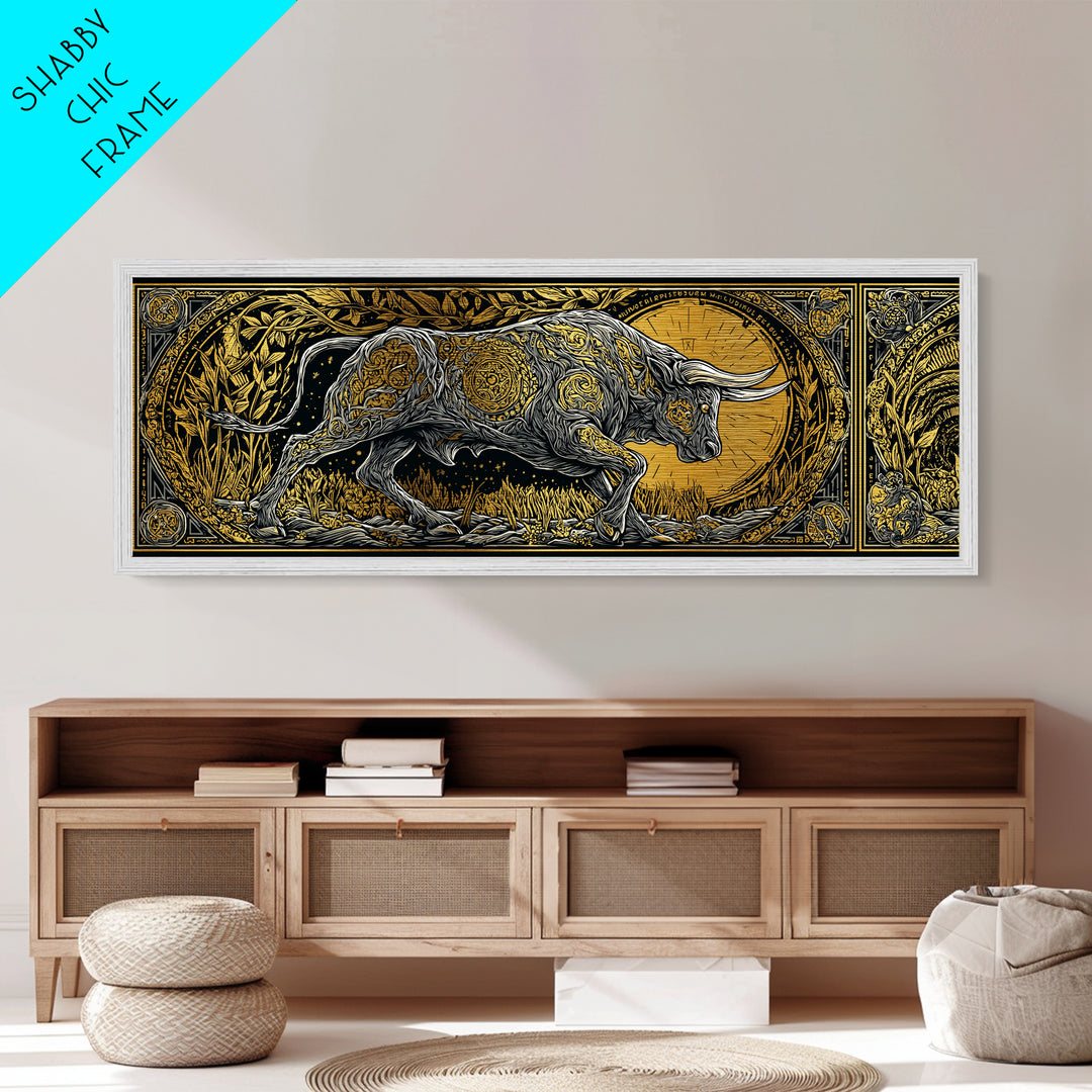 Ornamental Bull Design, Mythical Strength Symbol Wall Decor, Metallic Gold Metal Print, Real Wood Framed Art