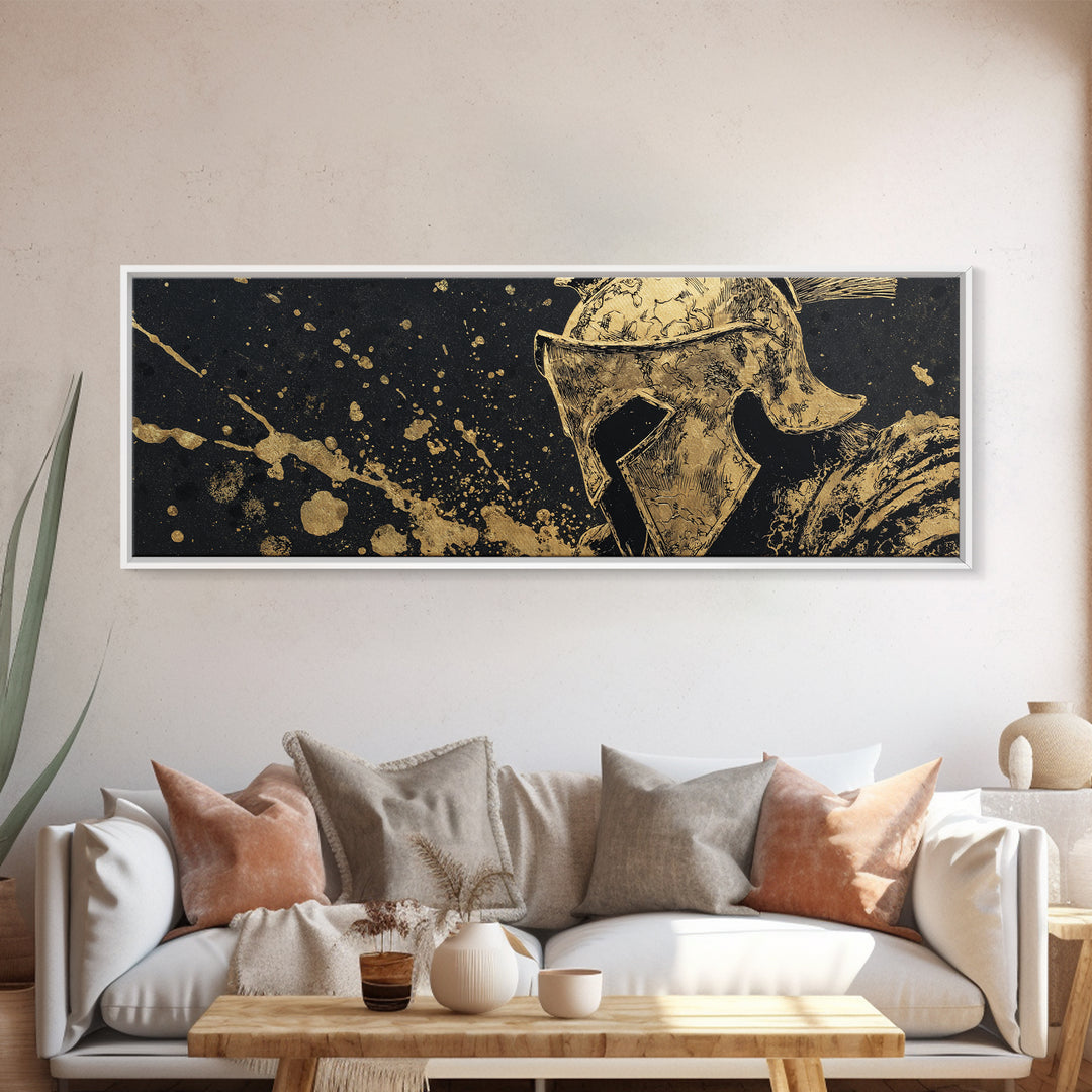 Spartan Helmet Warrior Portrait, Ancient Greek Heroic Symbol Decorative Artwork, Gold Canvas Print, Real Wood Frame Wall Decor