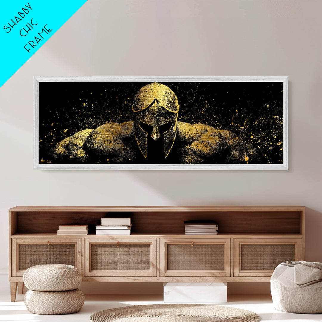 Spartan Warrior Front View, Ancient Greek Helmet Strength Symbol Decorative Artwork, Metallic Gold Metal Print, Real Wood Frame Art