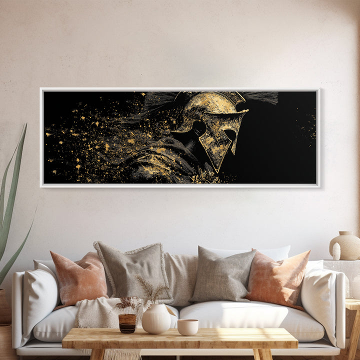 Greek Warrior Side Portrait, Ancient Spartan Helmet Mythological Decorative Artwork, Gold Canvas Print, Real Wood Frame Decor