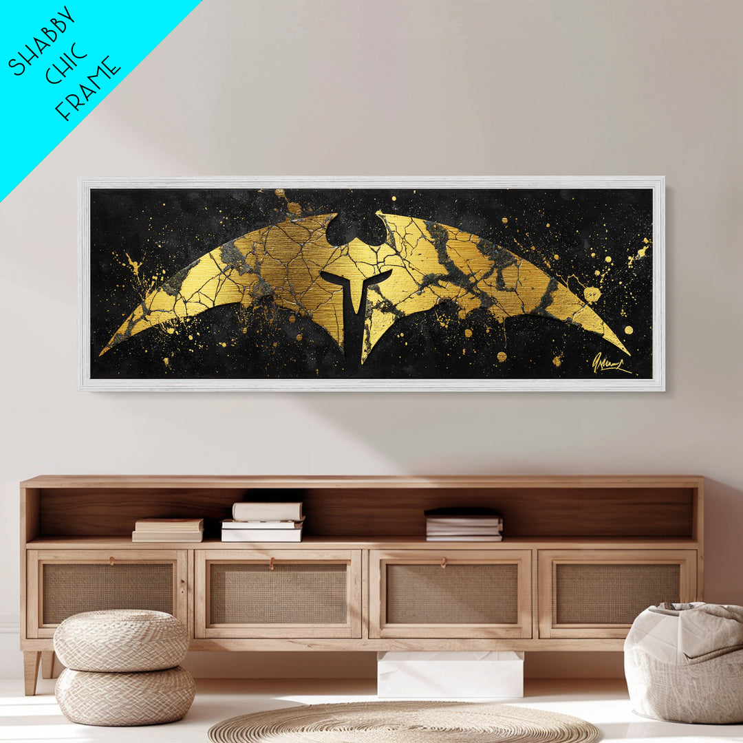 Spartan Helmet Emblem, Abstract Mythology Symbol Decorative Artwork, Metallic Gold Metal Print, Real Wood Frame Warrior Wall Art
