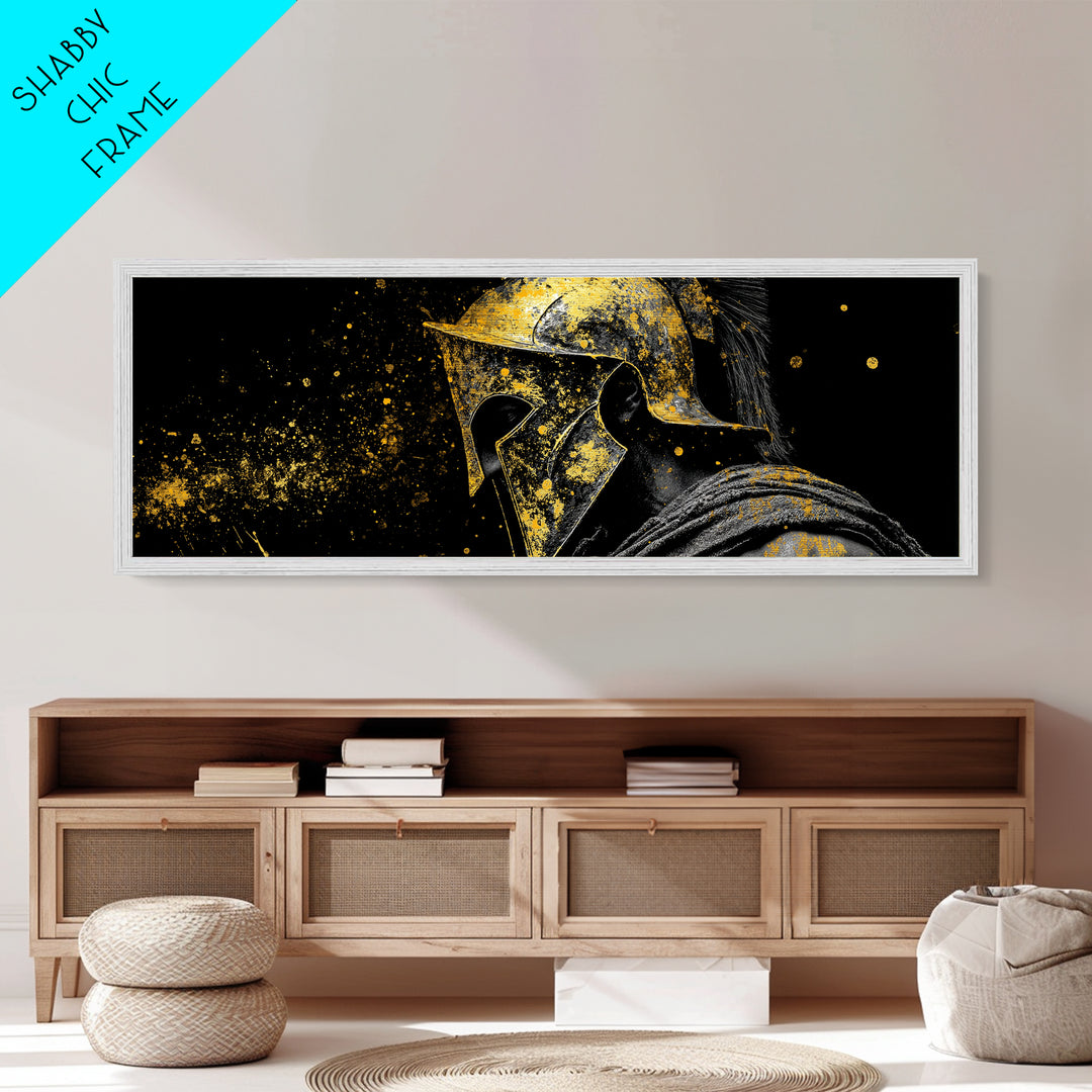 Greek Warrior Face Close Up, Spartan Helmet Intense Gaze Decorative Artwork, Metallic Gold Metal Print, Real Wood Frame Wall Art