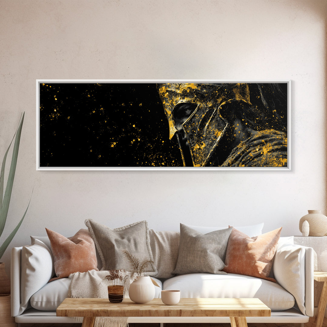 Spartan Helmet Warrior Portrait, Ancient Greek Armor Decorative Artwork, Gold Canvas Print, Real Wood Frame Wall Decor