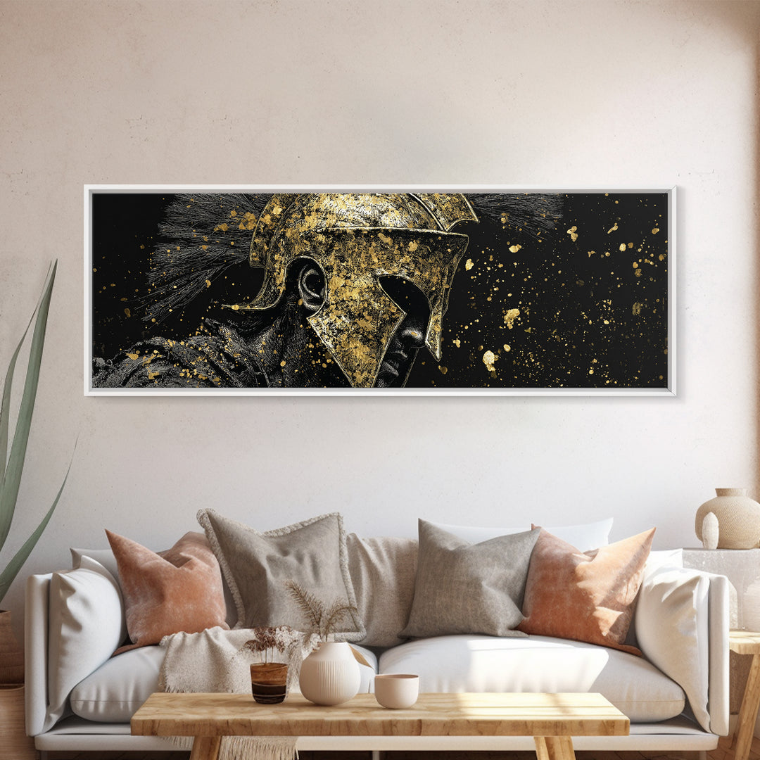 Greek Warrior Side View, Ancient Spartan Helmet With Cloak Decorative Artwork, Gold Canvas Print, Real Wood Frame Wall Decor