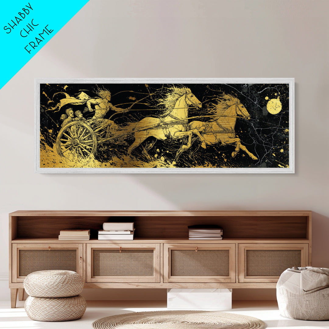 Ancient Chariot Rider, Mythical Warrior Battle Scene Wall Decor, Metallic Gold Metal Print, Real Wood Frame Art