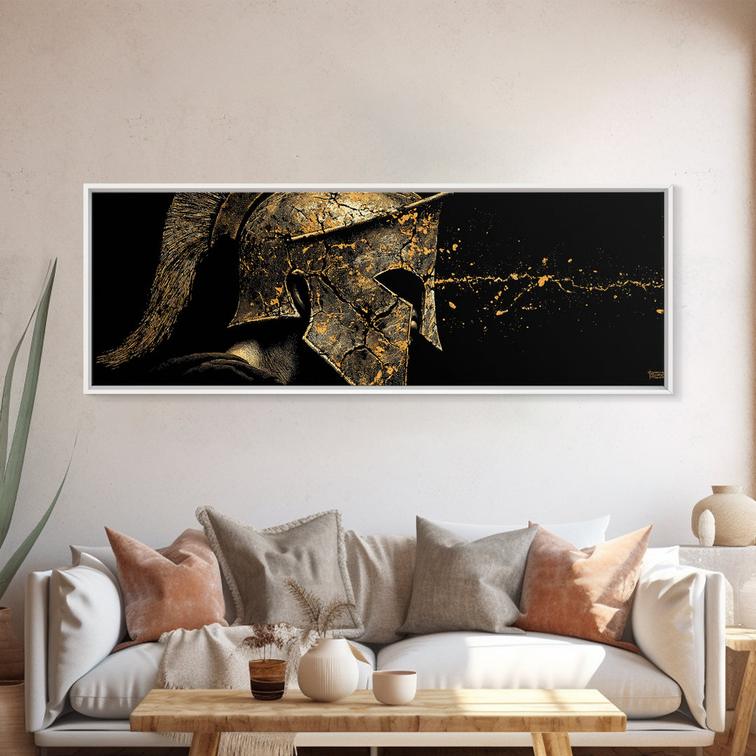Spartan Warrior Detailed Helmet, Ancient Greek Hero Symbolic Decorative Artwork, Gold Canvas Print, Real Wood Frame Wall Decor