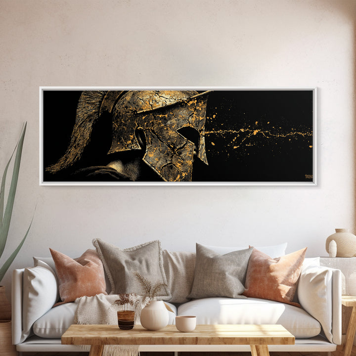 Spartan Warrior Detailed Helmet, Ancient Greek Hero Symbolic Decorative Artwork, Gold Canvas Print, Real Wood Frame Wall Decor