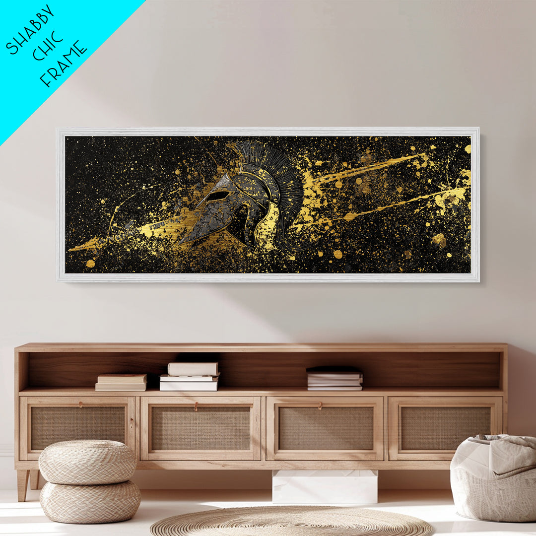 Spartan Helmet Splatter Artwork, Ancient Greek Warrior Mythological Symbol Decorative Art, Metallic Gold Metal Print, Real Wood Frame