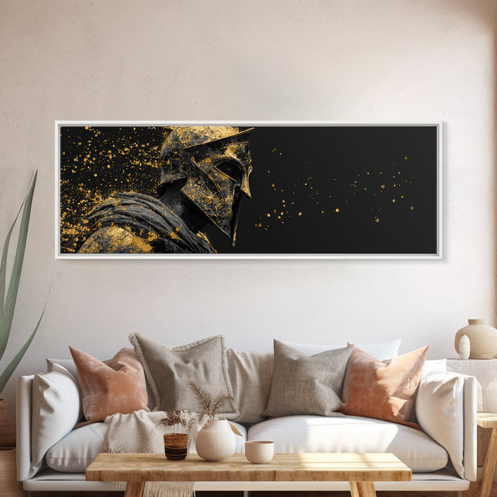 Spartan Helmet Side Portrait, Ancient Greek Warrior Mythology Decorative Symbolic Artwork, Gold Canvas Print, Real Wood Frame