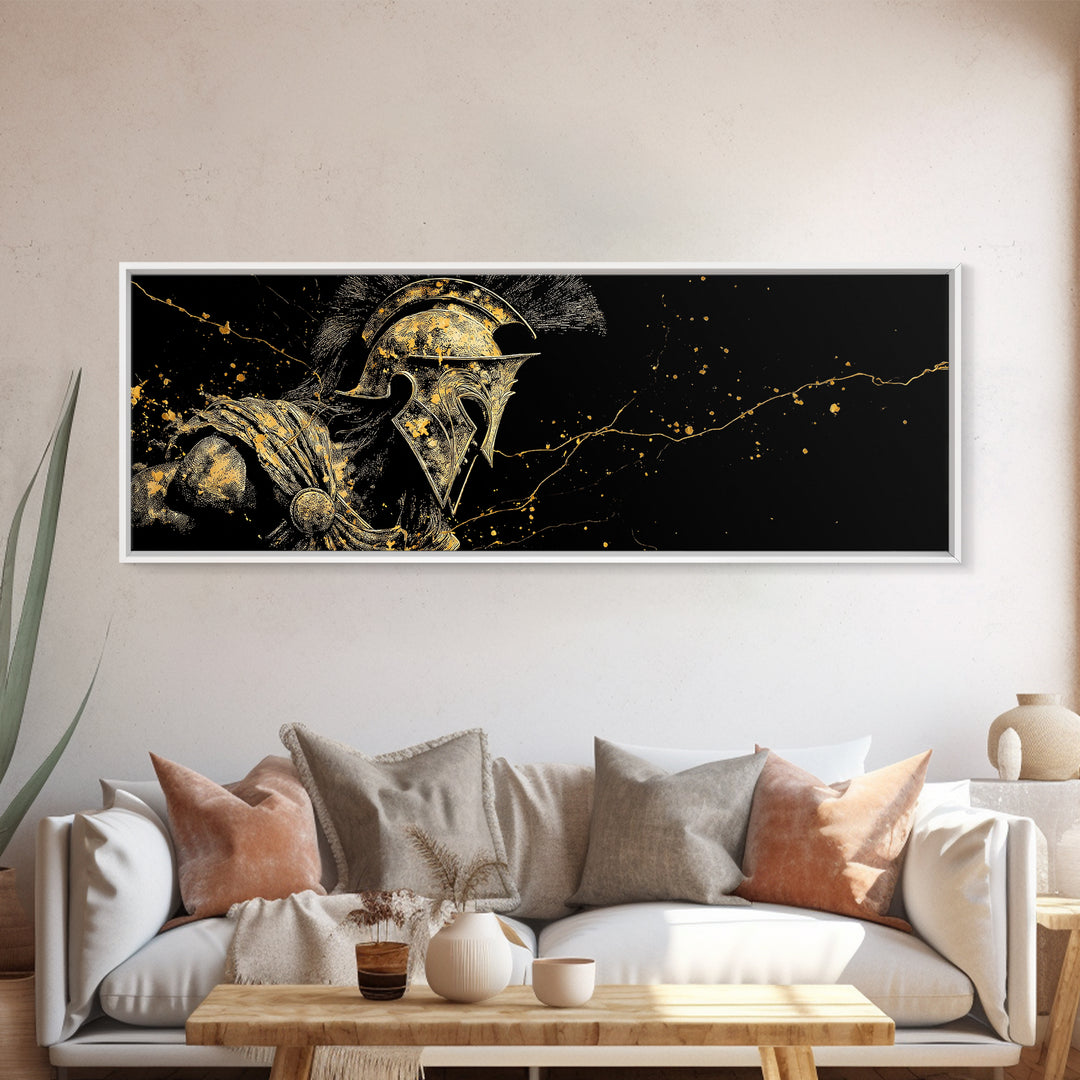 Greek Warrior Armor Close Up, Ancient Spartan Helmet Decorative Mythology Artwork, Gold Canvas Print, Real Wood Frame Wall Art