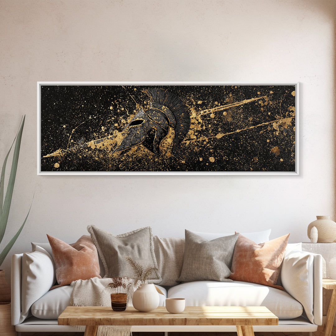 Spartan Helmet Warrior Portrait, Ancient Greek Hero Symbol Decorative Artwork, Gold Canvas Print, Real Wood Frame Mythology Art